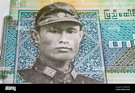 Portrait Of General Aung San On Myanmar One Kyat Currency Banknote From