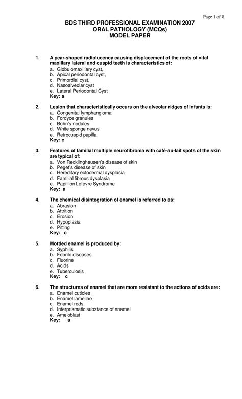 Oralpatho MCQ - oral path MCQs - BDS THIRD PROFESSIONAL EXAMINATION 20