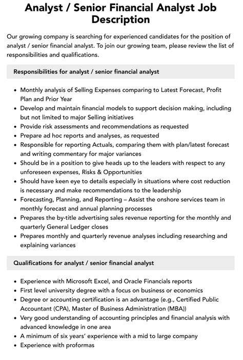 Analyst Senior Financial Analyst Job Description Velvet Jobs