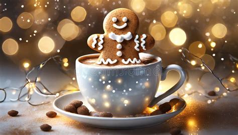 A Cute Gingerbread Man Sits In A Cup Of Hot Cocoa In A Christmas Atmosphere With Lights Stock
