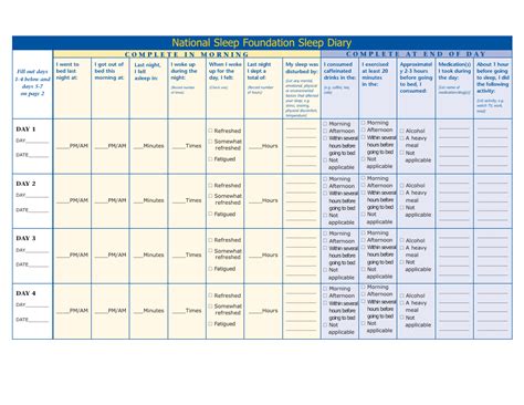 Sleep Diary Template National Sleep Foundation Download Printable Pdf