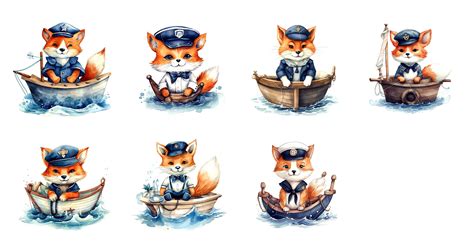 Watercolor Sailor Fox Clipart Bundle, Nautical Fox Art JPG, Blue and