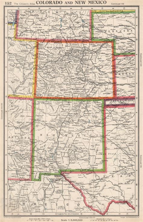 COLORADO AND NEW MEXICO. USA state map. BARTHOLOMEW 1952 old vintage chart
