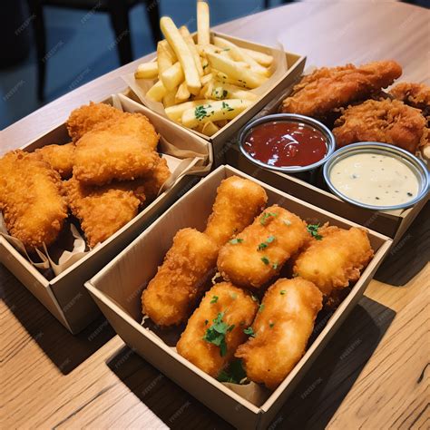 Premium AI Image | Four boxes of nuggets with chicken prawn and sauce