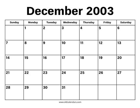 December 2003 Calendar Printable Old Calendars