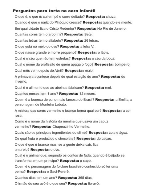 Perguntas para Torta na Cara Infantil | PDF | Brasil | Vermelho