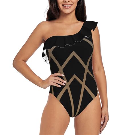 Black And Gold ArtOne Shoulder Ruffle Swimsuits Bodysuit One Piece