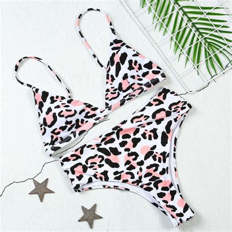 Wholesale Leopard Print V Neck High Waist Bikini Sets Jkm