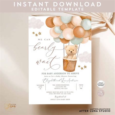 Editable Gender Neutral Teddy Bear Hot Air Balloon Baby Shower Etsy