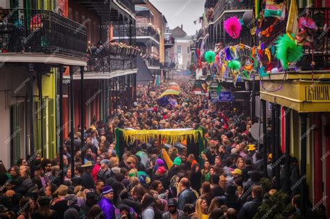 Mardi gras parade with crowd of people and performers on the streets ...