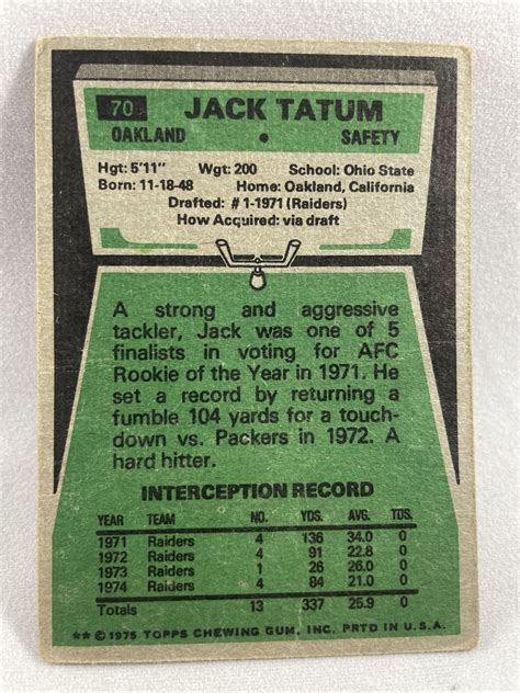 1975 Topps Football Card #70 Jack Tatum Oakland Raiders | eBay