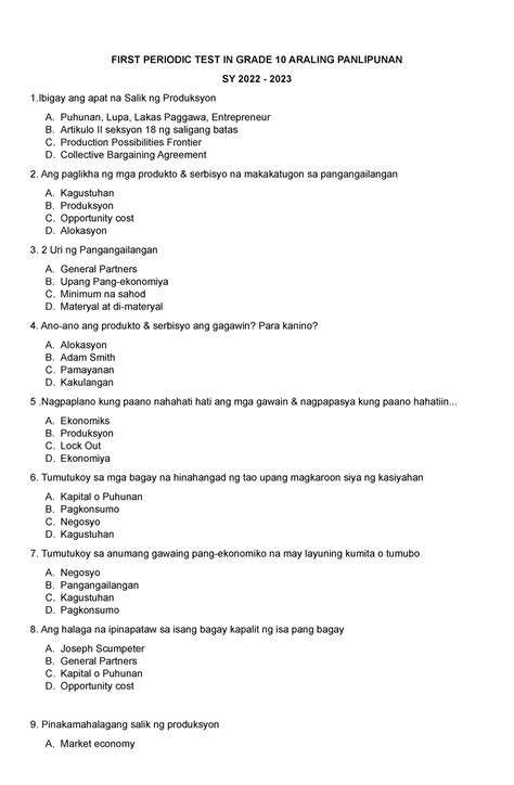PT Araling Panlipunan 9 Q1 FIRST PERIODIC TEST IN GRADE 10 ARALING