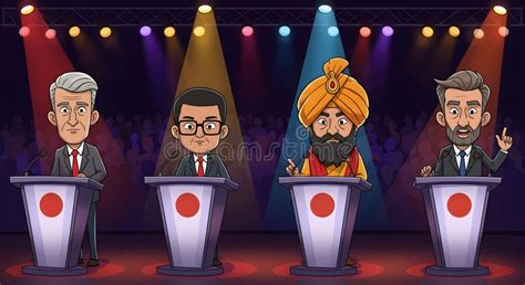 cartoon debate  diverse characters  spotlights stock