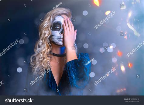 Sexy Blonde Woman Blue Dress Deep Stock Photo Edit Now