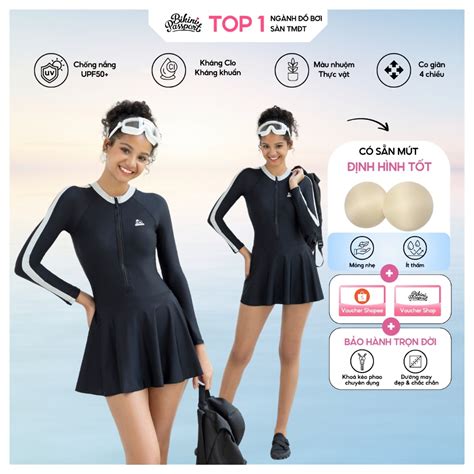 Đồ bơi nữ BIKINI PASSPORT một mảnh tay dài dạng váy kín đáo có khóa kéo và sẵn mút màu Đen