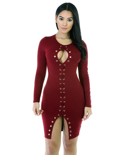 Sexy Wine Red Lace Up Keyhole Bodycon Dress Wonder Beauty Lingerie Dress Fashion Store