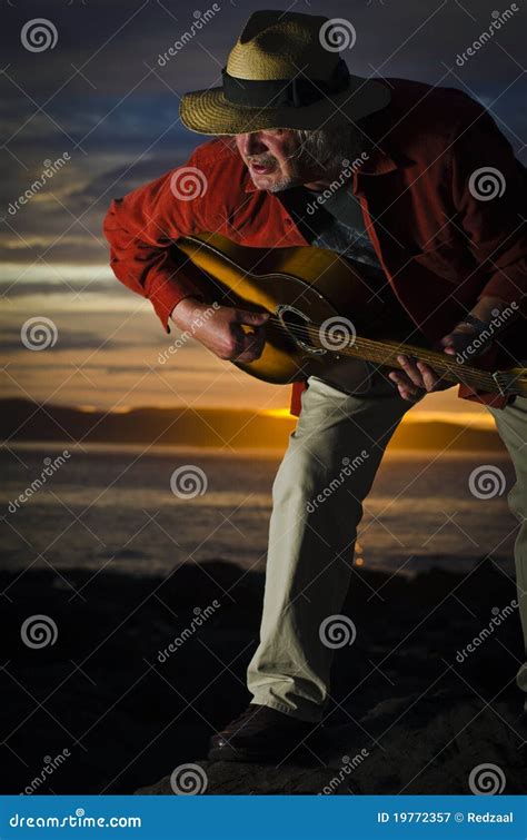 Mature Guitarist Busting Out A Riff At Sunset Stock Image Image Of Country Instrument 19772357