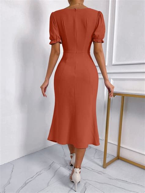 Sweetheart Neck Puff Sleeve Ruched Split Thigh Dress Shein Usa