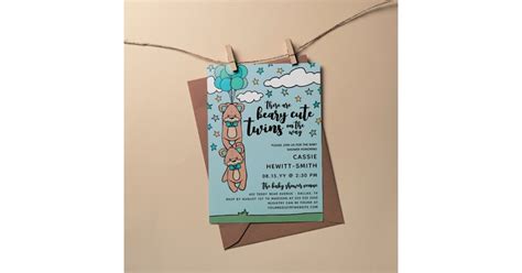 Teal Blue Beary Cute Twin Boys Baby Shower Invitation Zazzle