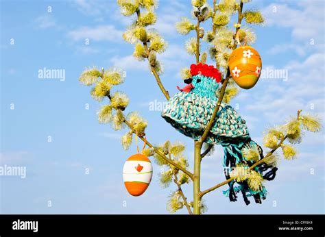 Pussy Willow And Easter Eggs On Sky Background Stock Photo Alamy