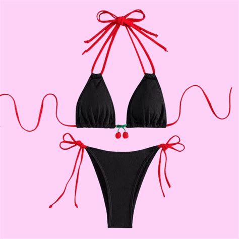 Cherry Detail Two Piece Bikini Set In Black Pink Sugar Bikini