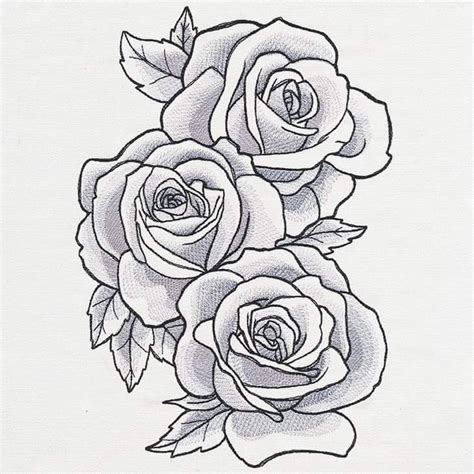 three roses are shown in black and white, with one flower on the left side