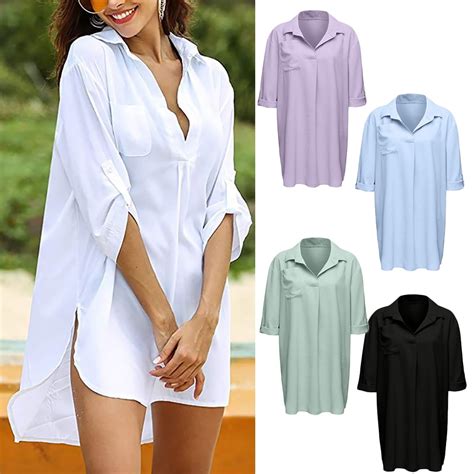 Urmagic Women S Sexy V Neck Boyfriend Beach Shirt Cover Up Bikini Bathing Suit Swimsuit Coverups