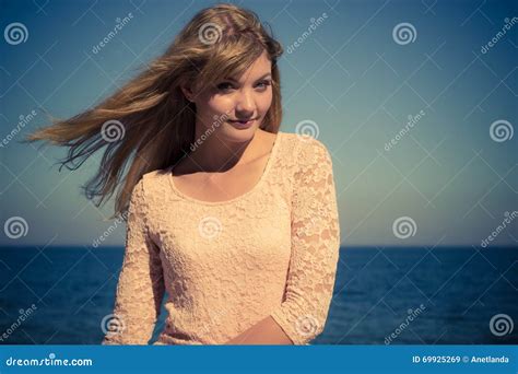 Lovely Blonde Girl Relaxing Outdoor By Seaside Stock Image Image Of Relax Tanning 69925269