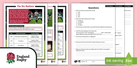 FREE KS2 Six Nations Reading Comprehension England Rugby