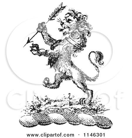 Clipart of a Black and White Vintage Lion Crest with an Arrow - Royalty ...