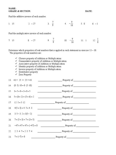 1 Properties Of Real Numbers Worksheet PDF Multiplication