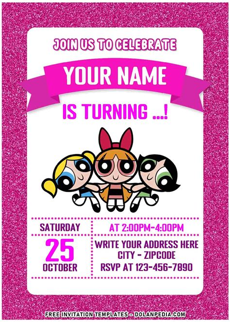 Free Editable PDF Pink Glitter Powerpuff Girls Birthday Invitation