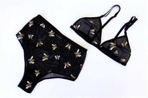 Embroidered Bee Lingerie Set Triangle Bra Bees Black Bralette High Waist Panties Embroidery