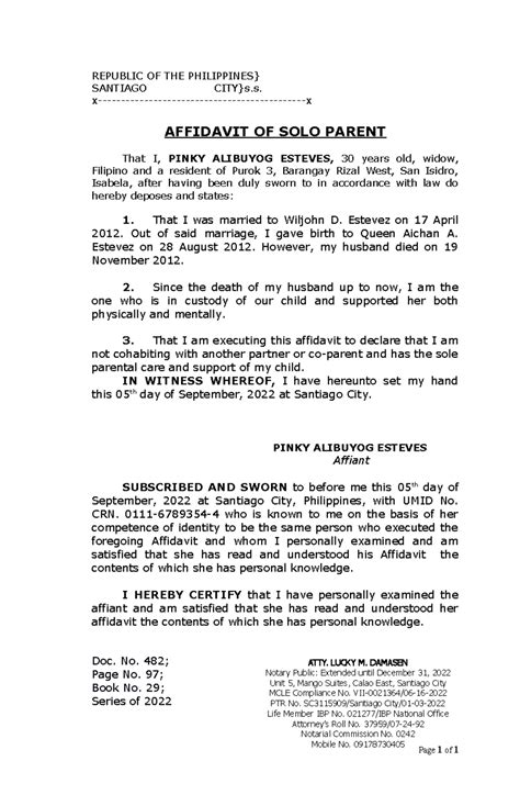 Affidavit - SOLO Parent Esteves - REPUBLIC OF THE PHILIPPINES} SANTIAGO