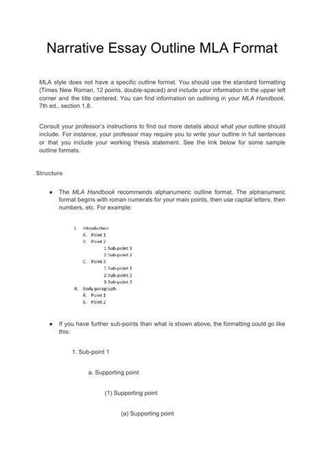 Narrative Essay Outline - Mla Format Download Printable PDF | Templateroller