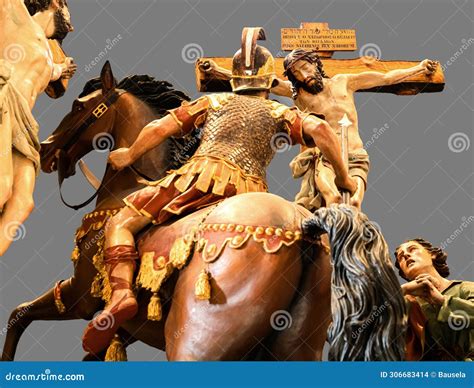 Polychrome Wood Carvings Of The Calvary Of Christ With The Spear That