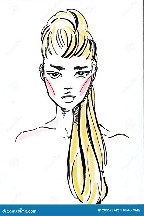 Colour Sketch of a Young Woman with Long Blonde Hair. Stock ...