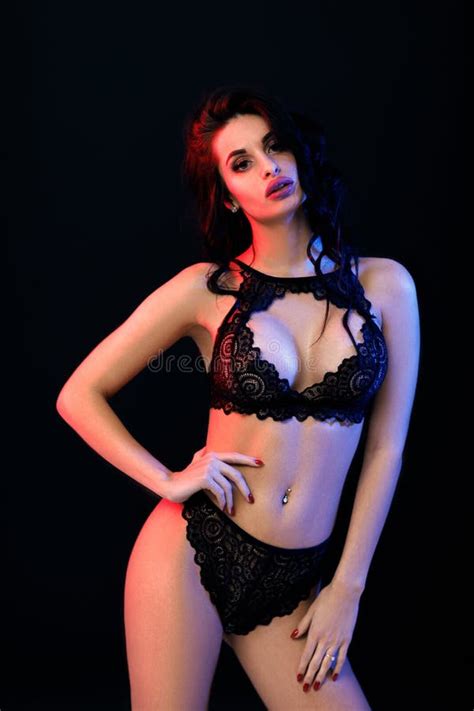 Woman In Lace Black Sensual Lingerie With Long Curly Hair Stock Image Image Of Attractive