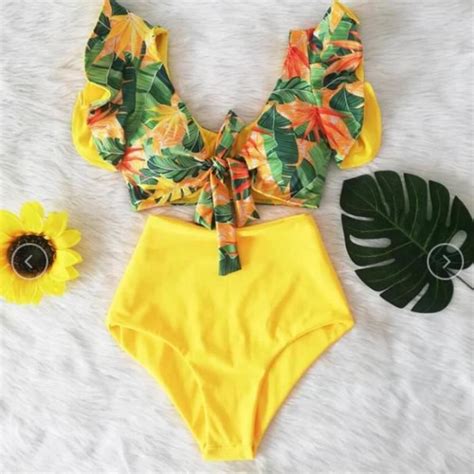 Maillot de bain deux pièces à volants taille haute Sexy Bikini pour femmes modèle Floral Jaune