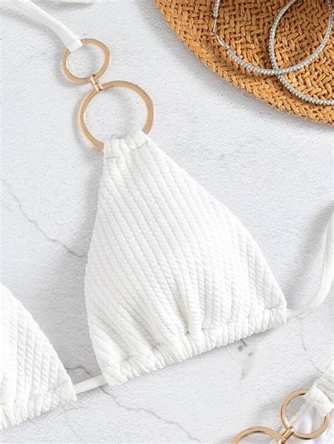 Shein Swim Sxy Texturerad Bikini Set Ring L Nkad Grimma Triangel Bh Ar String Botten Stycken