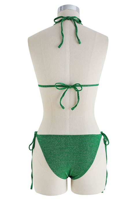 Umwerfendes Metallic Bikini Set mit Schnürung in Grün Retro Indie