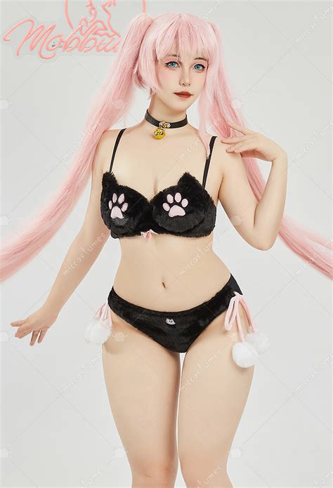 Women Kawaii Homewear Sexy Lingerie Set Plush Cat Paw Three Point Top And Panty With Skirt