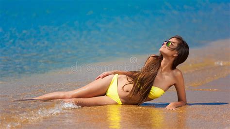 Brunette Woman Yellow Swimsuit Sea Stock Image Image Of Lagoon People