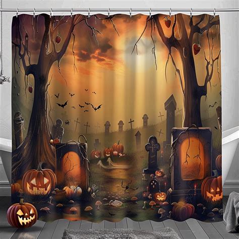 Spooky Halloween Graveyard Bathroom Curtain Set With Pumpkins