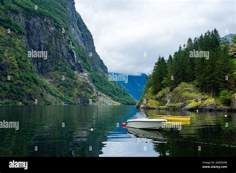 Moody Landscape With Boats In The Naeroyfjord From Gudvangen Norway