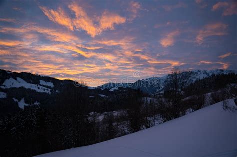 Morning Sky With Pink Clouds In A Beautiful Winter Landscape In The