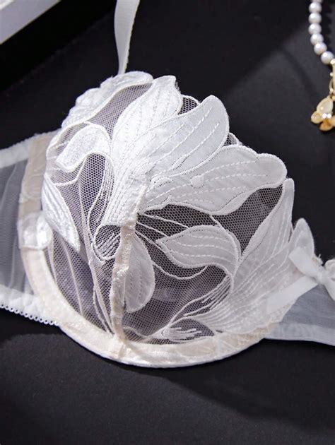 Conjunto De Lingerie Sexy Branca E Rom Ntica Flor Queimada E Folha De Cer Pe As Shein