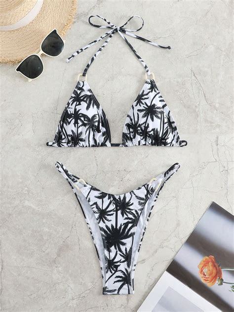 SHEIN SHEIN Swim Vcay Coconut Tree Print Halter Triangle Bikini