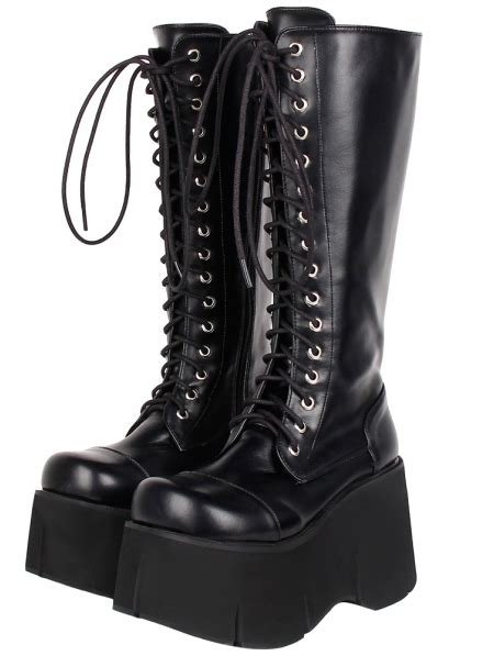 Black Gothic Grunge Punk Pu Leather Lace Up Platform Knee Boots For