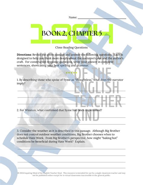 1984 Book 2 Chapter 5 Close Reading Worksheet | Teaching Resources